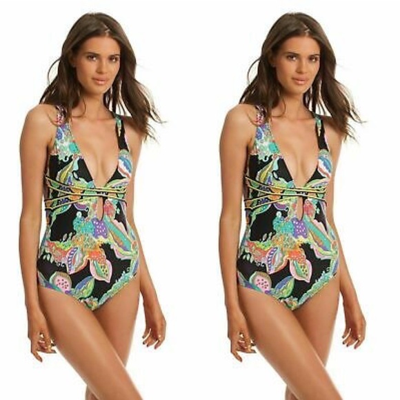 Trina Turk Sea Garden Multi One Piece Halter Cross-back Swimsuit Size 6 - Picture 1 of 11